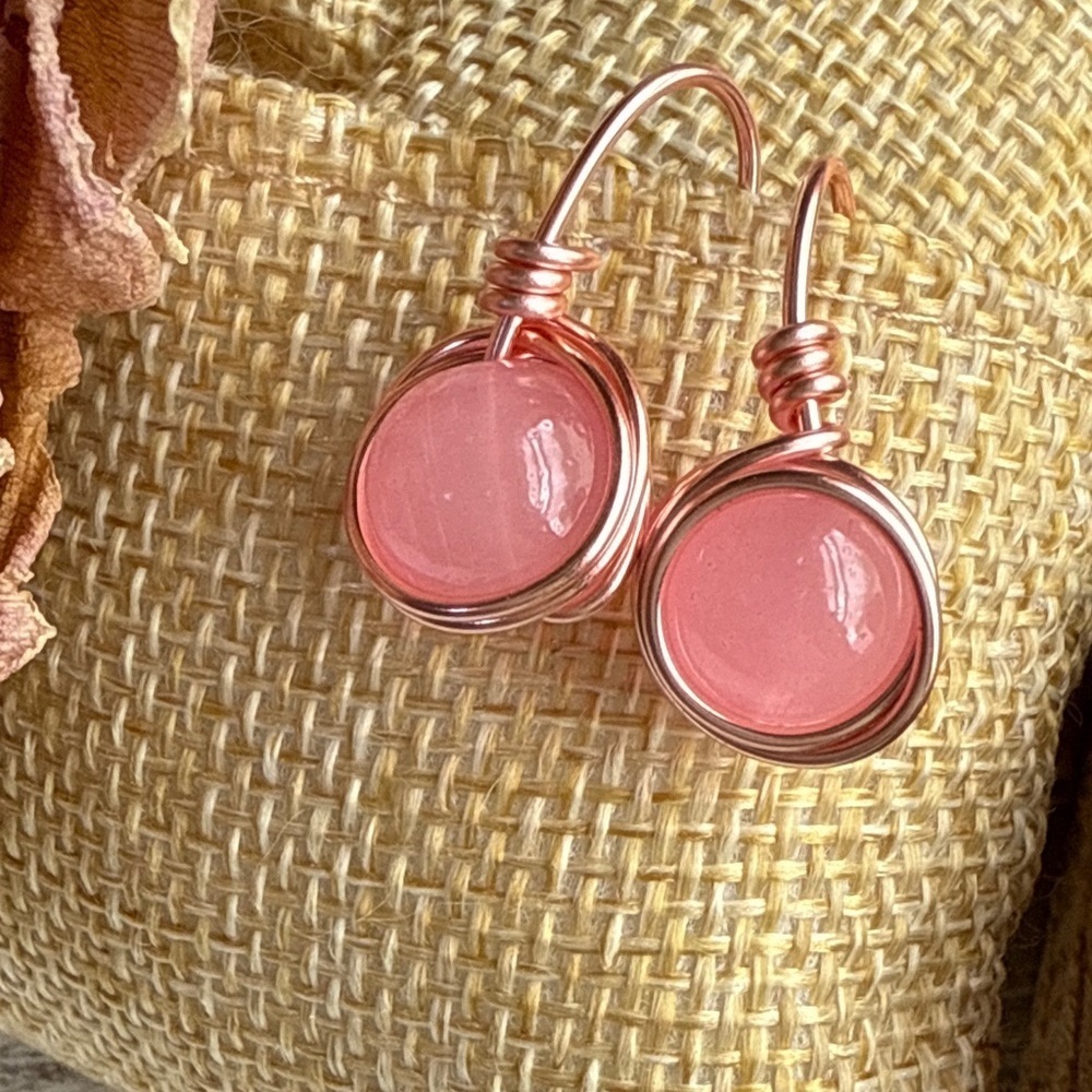 Elegant Pink jade rose gold Wire-Wrapped Earrings